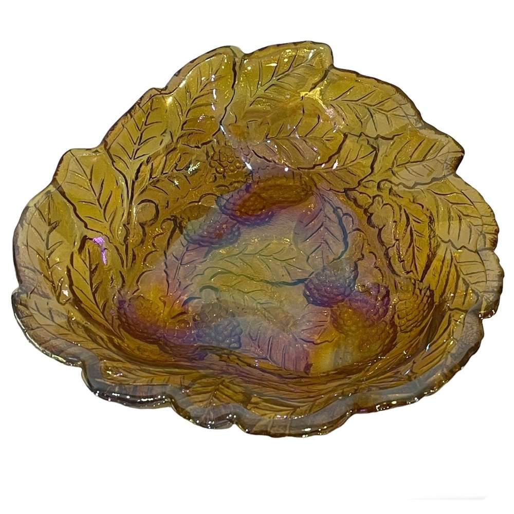 Vintage Carnival Glass Amber Iridescent Triangular Bowl Leaves Catch All MCM